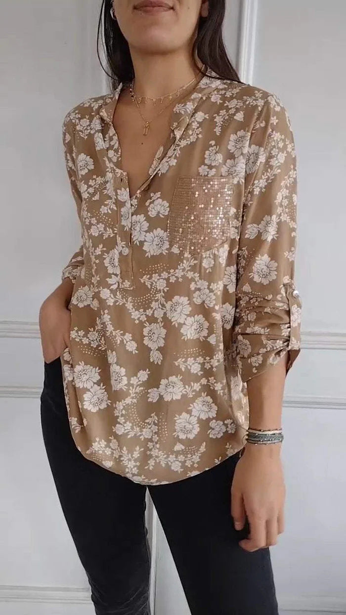 Spring Loose Casual Long Sleeves Printed Sequined Pocket Shirt