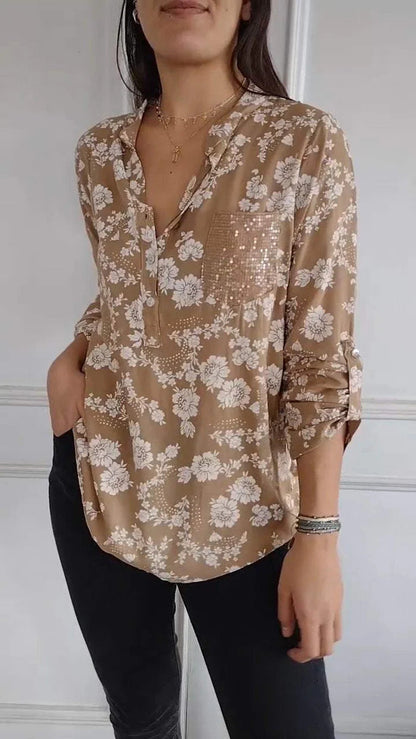Spring Loose Casual Long Sleeves Printed Sequined Pocket Shirt