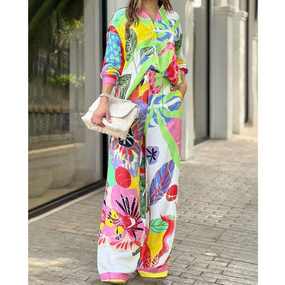 Office Long Sleeve Loose Shirt High Waist Wide Leg Pants Women Set
