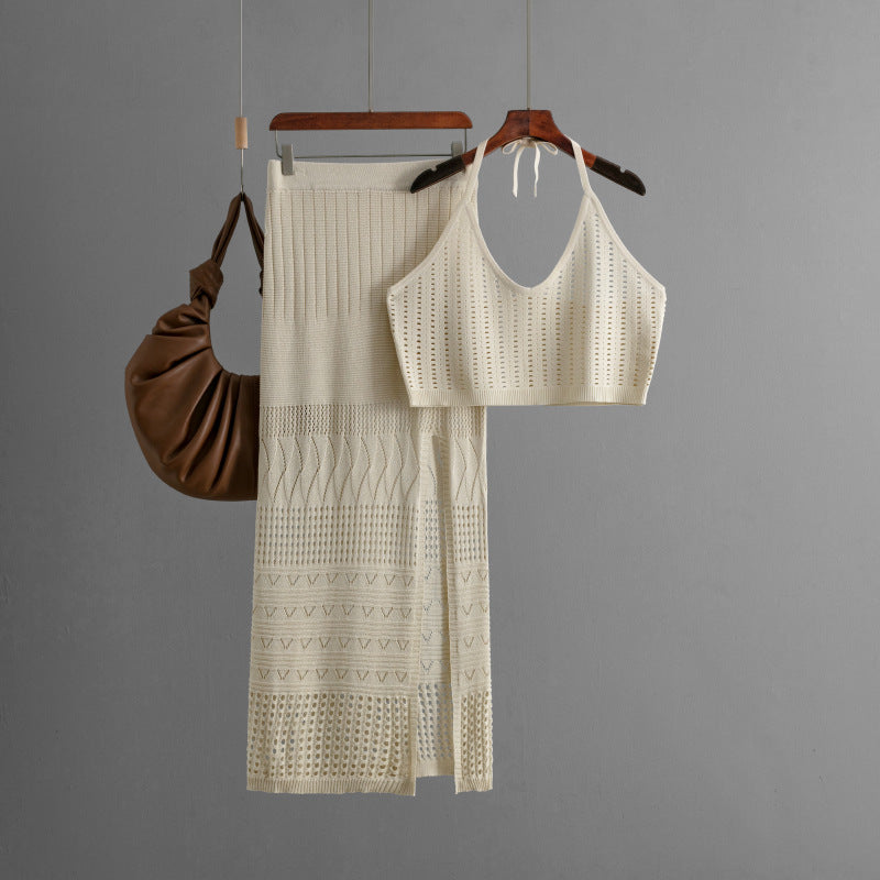 Women Clothes Short Summer Vest Top Two Piece High Waist Slimming Hollow Out Cutout Split Hip Skirt