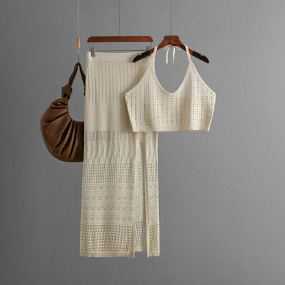 Women Clothes Short Summer Vest Top Two Piece High Waist Slimming Hollow Out Cutout Split Hip Skirt