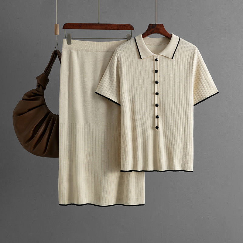 Elegant Knitted Skirt Set with Polo Collar