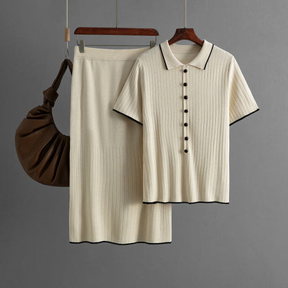 Elegant Knitted Skirt Set with Polo Collar