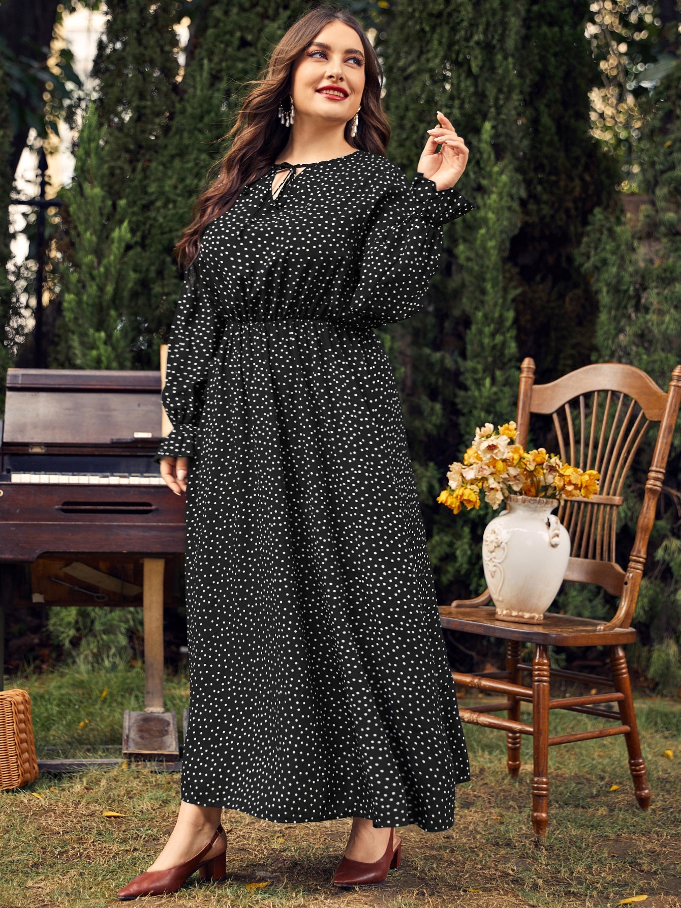 Plus Size Polka Dot Long Sleeves Dress
