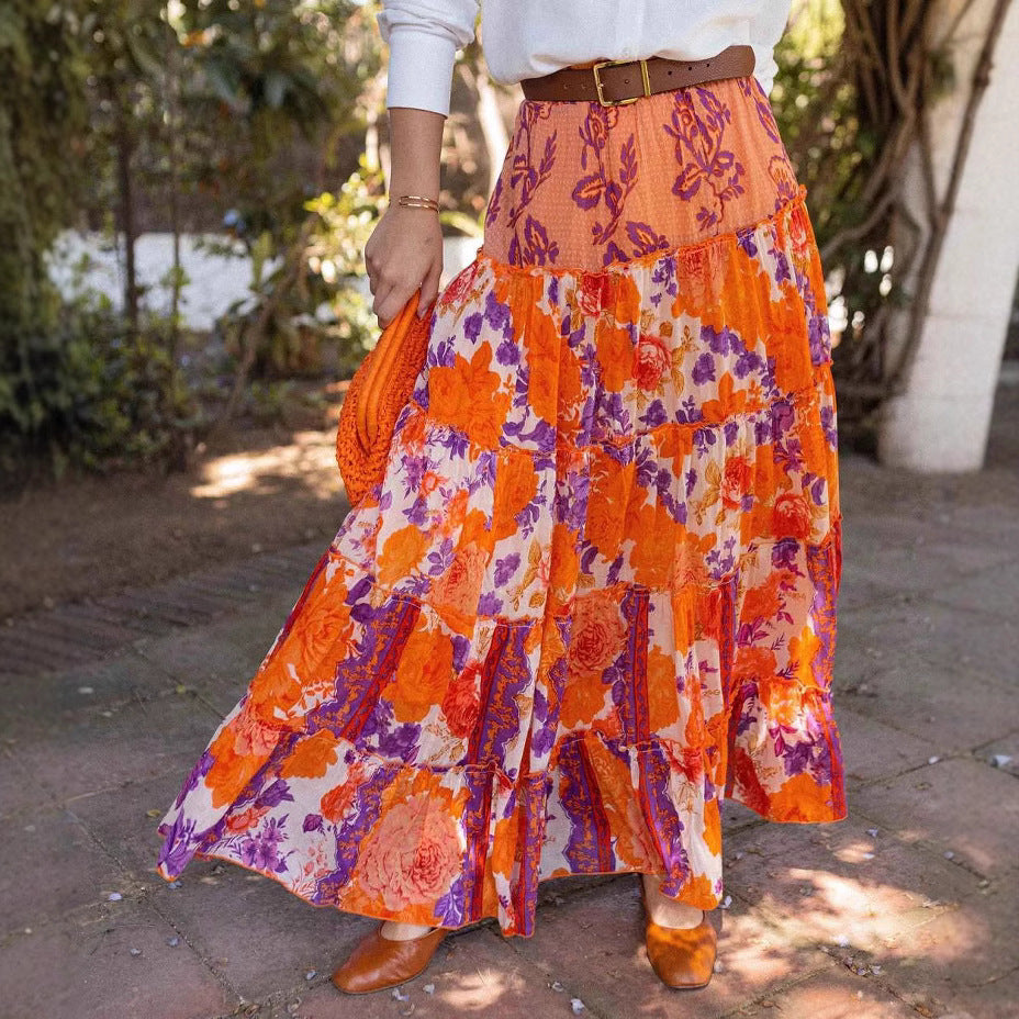 Summer Bohemian Wide Hem Printed Pleated Skirt