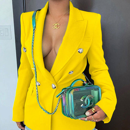 Double Breasted Solid Color Long Sleeve Blazer