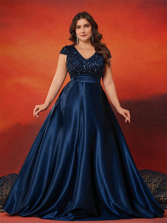 Sequined V neck Evening Dress