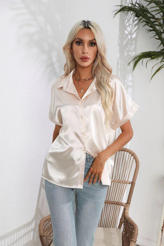 Short Sleeve Satin Button Shirt Casual Loose Top Women