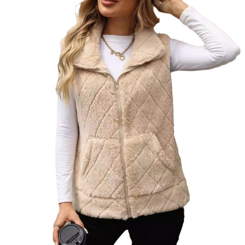 Diamond Lattice Plush Cardigan Vest