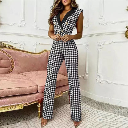 V-neck Sleeveless Houndstooth Jumpsuit