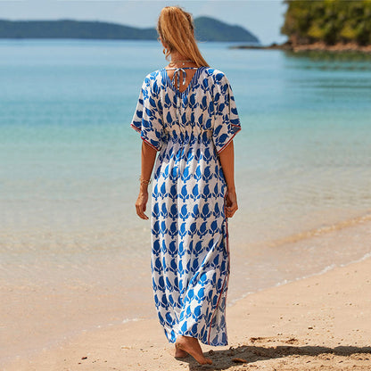 Rayon Positioning Printing Beach Cover-up Vacation Maxi Dress Sun Protection Shirt Beach Cover Up