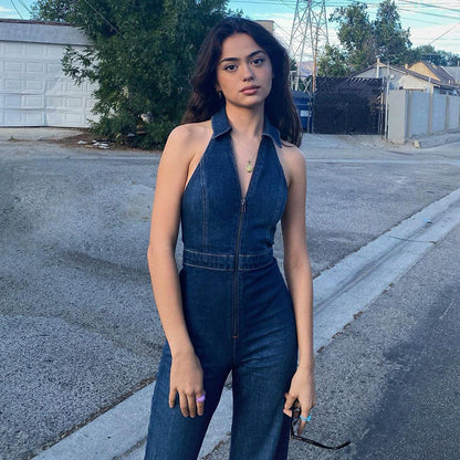 Sleeveless V-neck High Waist Vintage Denim Jumpsuit