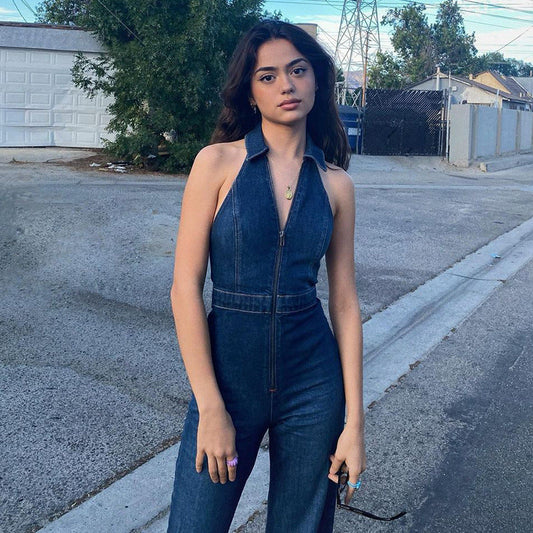 Sleeveless V-neck High Waist Vintage Denim Jumpsuit