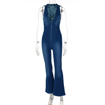 Sleeveless V-neck High Waist Vintage Denim Jumpsuit