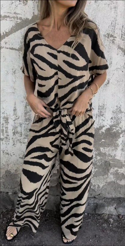 Zebra Pattern V neck Lace up Top Wide Leg Pants Two Piece