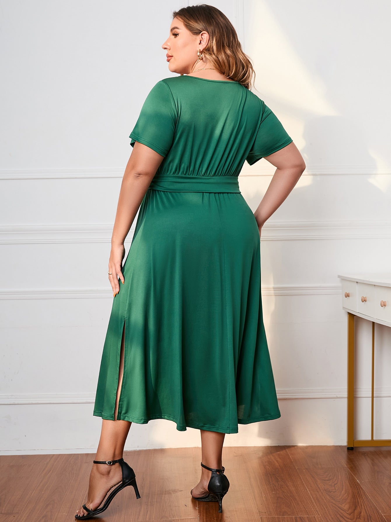 Semi Formal Green V Neck Plus Size Dress