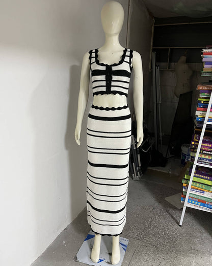 Striped Casual Vest Top Beach Bohemian Contrast Color Long Skirt Knitting Set Women