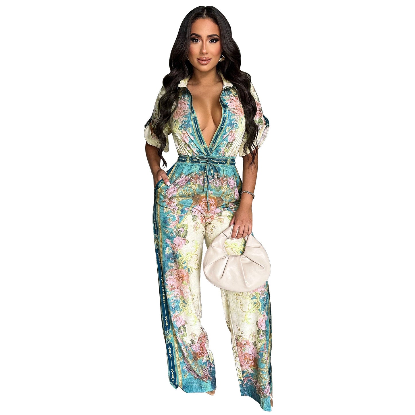Sexy V neck Vintage Printed Jumpsuit Women