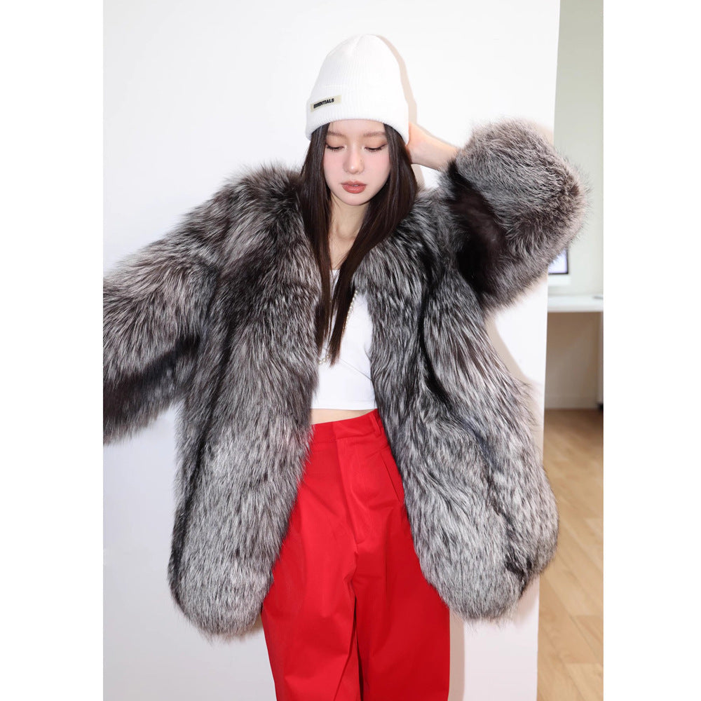 Silver Fox Fur Mid-Length Trench Coat