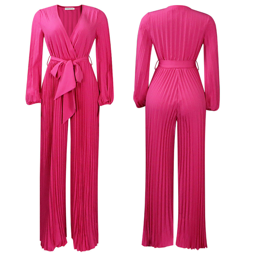 Summer V neck Pleated Wide Leg Jumpsuit