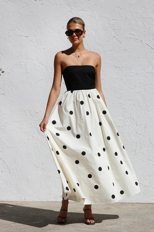 Spring Summer Polka Dot Printing Stitching Wrapped Chest A Swing Maxi Dress