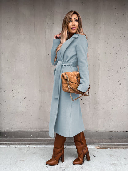 Solid Color Woolen Long Sleeve Trench Coat