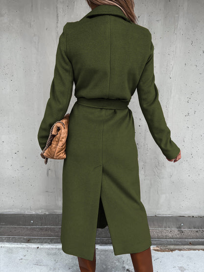 Solid Color Woolen Long Sleeve Trench Coat