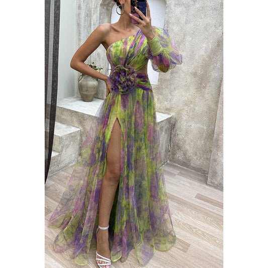One Shoulder Chiffon Printed Gown