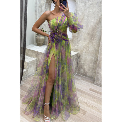 One Shoulder Chiffon Printed Gown