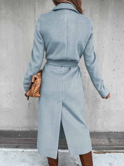 Solid Color Woolen Long Sleeve Trench Coat