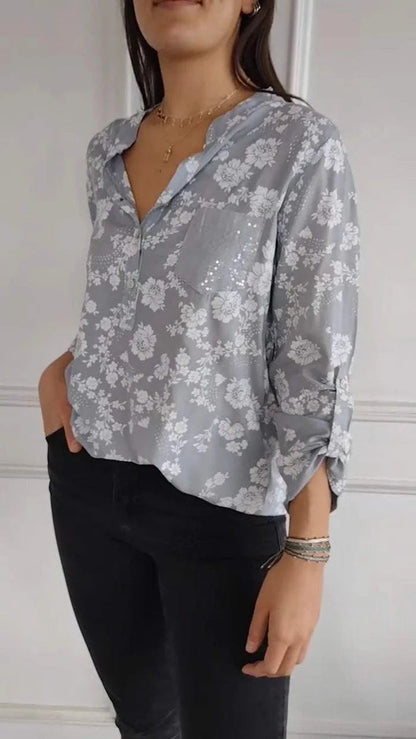 Spring Loose Casual Long Sleeves Printed Sequined Pocket Shirt