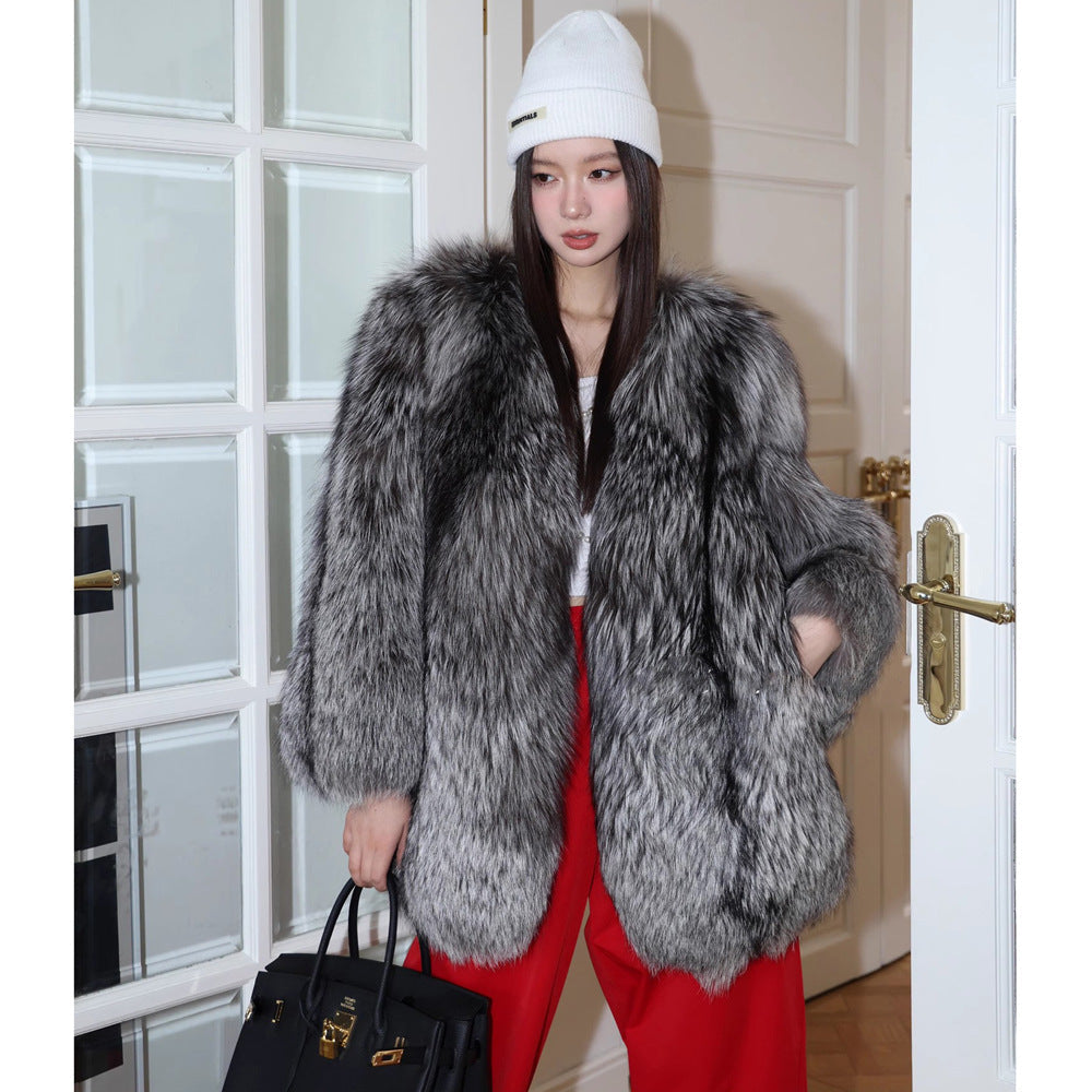 Silver Fox Fur Mid-Length Trench Coat