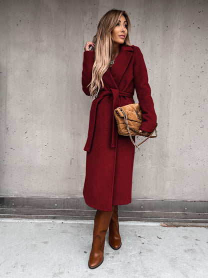 Solid Color Woolen Long Sleeve Trench Coat