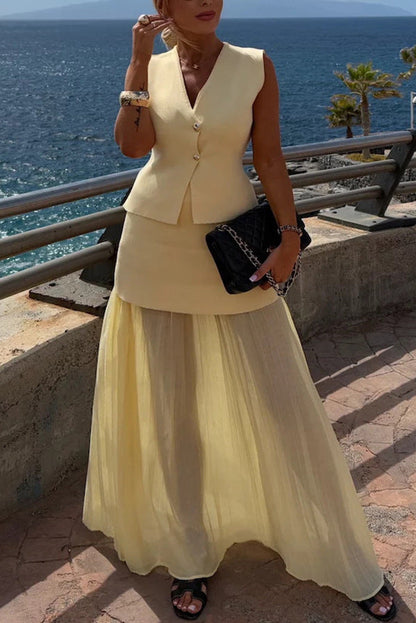 Spring Summer Knitted Stitching Vest Set Casual Vacation Loose Skirt Women