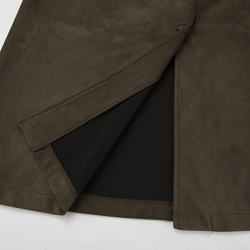 Brown Suede Long Sleeve Long Coat