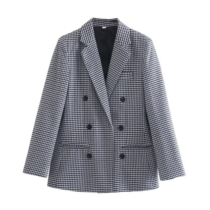 Vintage Single Breasted Long Sleeve Plaid Women Padded Shoulder Blazer