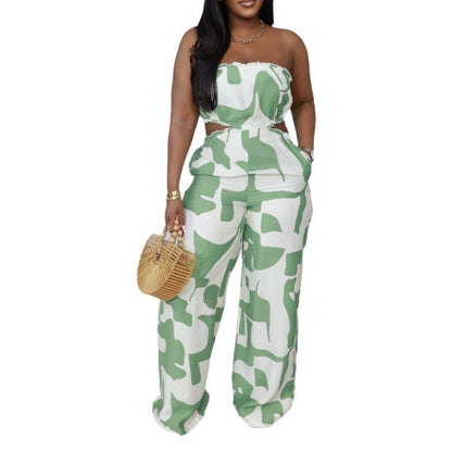 Elegant Tube Top Smocking Printed Wide Leg Jumpsuit