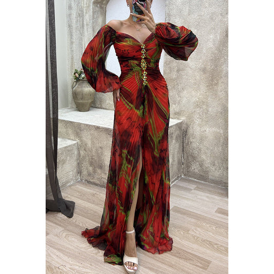 Printed Pleated Long Sleeve Formal Occasion Dress