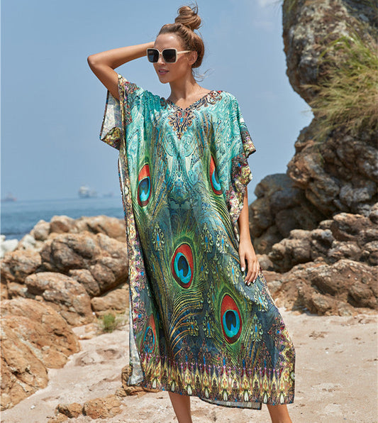 Polyester Feather Print Beach Cover up Sexy Deep V Plunge neck Vacation Sun Protection Shirt Dress Beach Cover Up