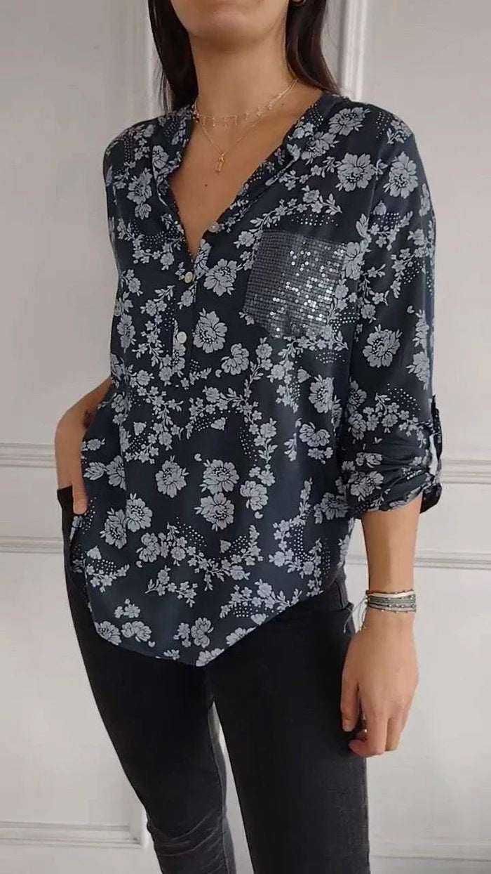 Spring Loose Casual Long Sleeves Printed Sequined Pocket Shirt