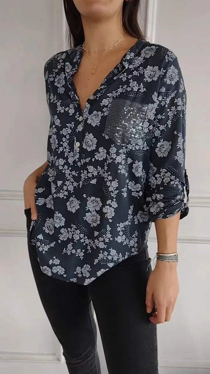 Spring Loose Casual Long Sleeves Printed Sequined Pocket Shirt