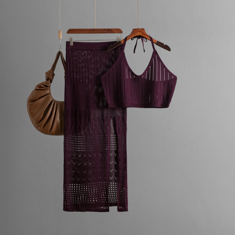 Women Clothes Short Summer Vest Top Two Piece High Waist Slimming Hollow Out Cutout Split Hip Skirt