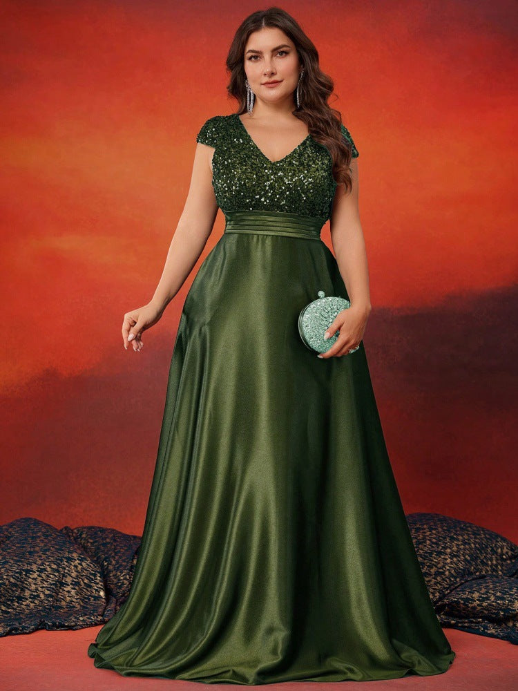 Sequined V neck Evening Dress