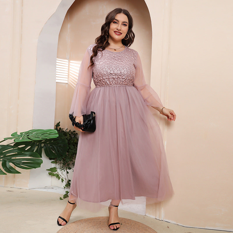 Plus Size Mesh Long Sleeve Midi Dress