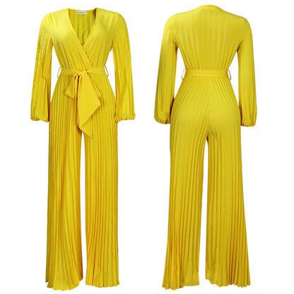 Summer V neck Pleated Wide Leg Jumpsuit