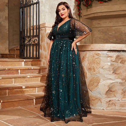 Plus Size Evening Dress Shiny Crystal Puff Sleeve V Neck Evening Dress