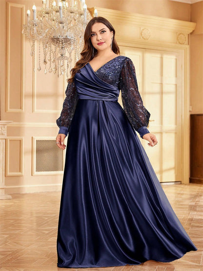 Satin V neck Long Sleeve Dress Maxi Dress Sequin Cocktail Evening Dress Women