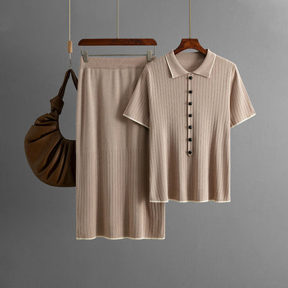 Elegant Knitted Skirt Set with Polo Collar