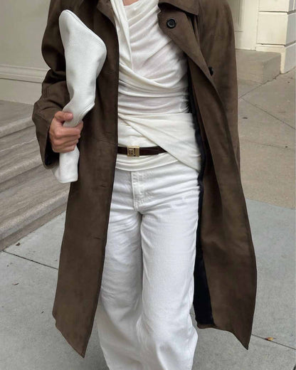 Brown Suede Long Sleeve Long Coat