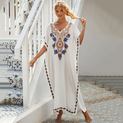 White Rayon Embroidered Beach Cover Up Robe Vacation Skirt Embroidered Dress Beach Cover Up